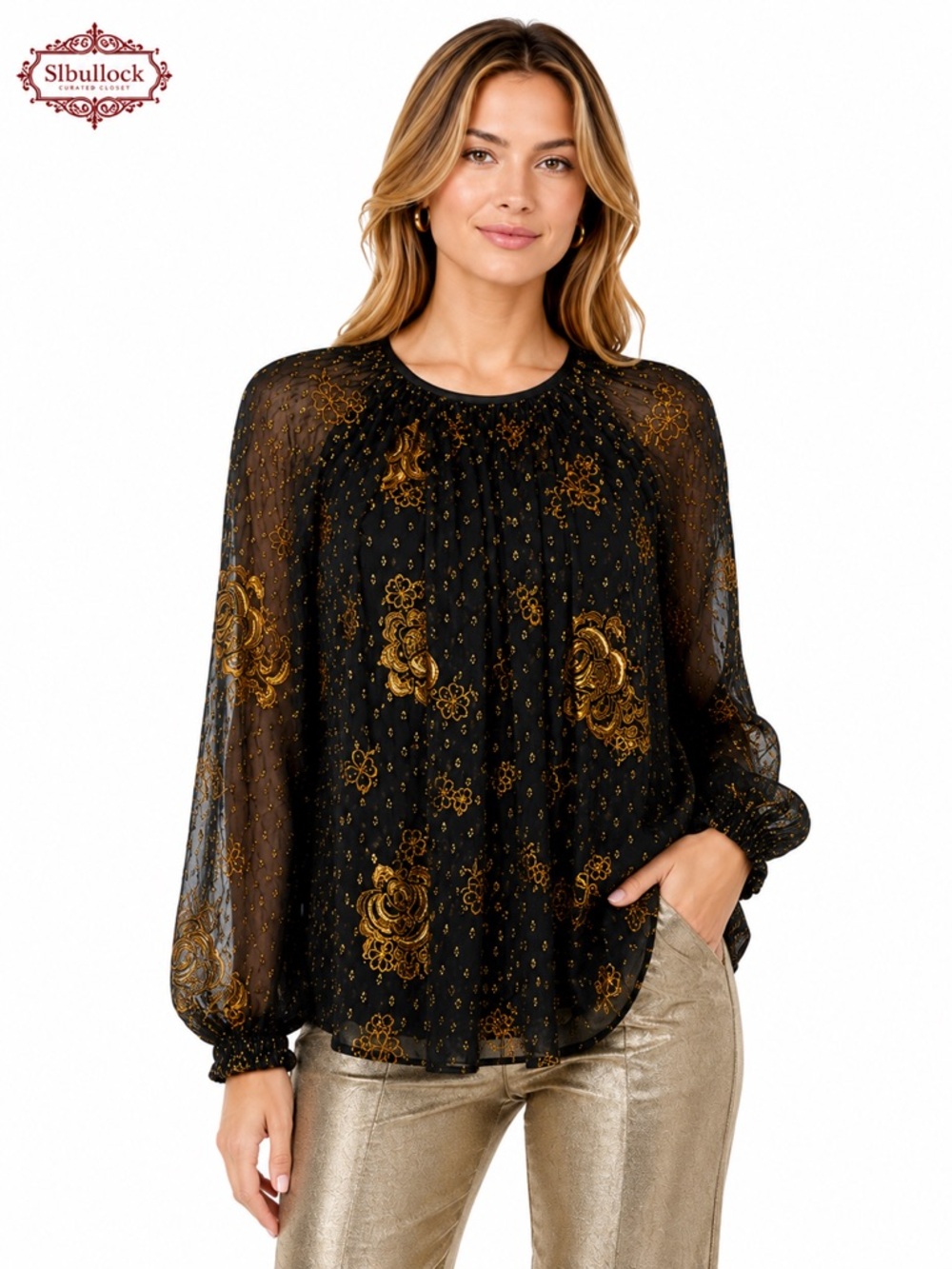 Express Embroidered Sheer Blouse Medium Black Gold Copper Floral Made in India